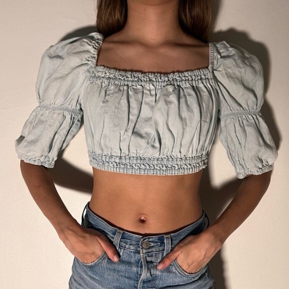 Women's Cropped Stretchy Bleached White-Washed Denim Off-Shoulder Top